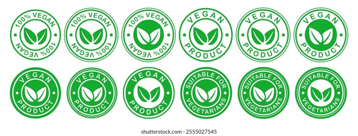 Organic 100% vegan product design template icon symbol set. Suitable for vegetarian green leaves logo symbol. Vector illustration icon sign. Isolated on white background