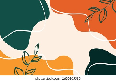 Organic Abstract Background with Earth Tone Shapes and Leaf Line Art
