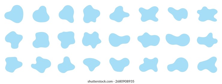 Gotas abstractas orgánicas, Formas. Gotas redondas irregulares al azar. Vector. Círculo de guijarros y manchas ovaladas negras líquidas. Siluetas fluidas de splodge.