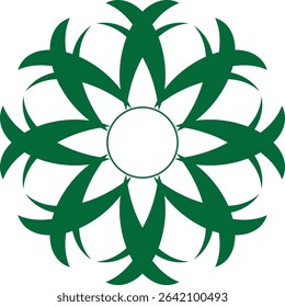 An organic abstract digital art piece featuring a symmetrical circular arrangement of dark green stylized leaf or floral elements around 