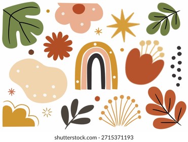 Organic abstract floral elements in hand-drawn flat style for creative decor themes. Great for branding, surface design, posters, textiles, and packaging.