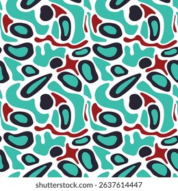 Organic abstract forms of rounded shapes. Nature seamless pattern with smooth spots of turquoise and burgundy colors. For fabric, packaging, clothing and textiles.