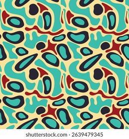 Organic abstract forms of rounded shapes. Nature seamless pattern with smooth spots of turquoise and burgundy colors. For fabric, packaging, clothing and textiles.