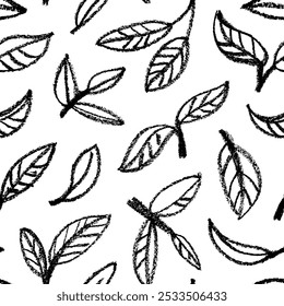 Organic abstract leaves and branches seamless pattern. Crayon drawn naive simple leaves with veins. Abstract organic seamless pattern with pencil texture and kid's plant drawing. Doodle wallpaper.
