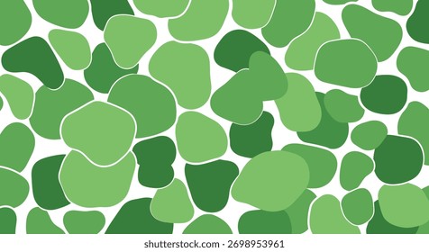 An organic and abstract pattern of rounded, irregular shapes in varying shades of green with thin white outlines, creating a seamless background texture.