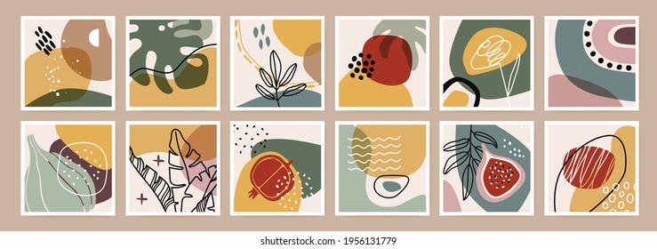 Impresión orgánica abstracta. Decoración minimalista de boho en las paredes. Formas orgánicas, plantas tropicales, hojas, flores, frutas, elementos naturales. Conjunto moderno de vectores de afiches cuadrados botánicos. Pomegranato e higo