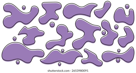 Organic abstract random blob shapes in minimal black line design. Fluid irregular forms elements outline. Liquid blotch silhouettes, frame water, bubble outline, irregular oval, random shapes.