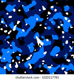 Organic abstract seamless pattern. Art abstract camouflage background. Colorful pattern with geometric random shape. Design for fabric. Black, blue, sand.