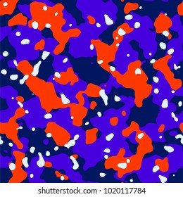 Organic abstract seamless pattern. Art abstract camouflage background. Colorful pattern with geometric random shape. Design for fabric. Blue, black, red, sand.