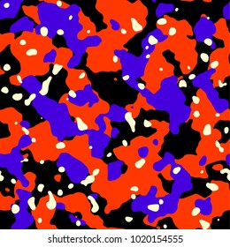 Organic abstract seamless pattern. Art abstract camouflage background. Colorful pattern with geometric random shape. Design for fabric. Blue, black, red, sand.