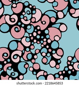 Organic abstract seamless pattern doodle texture background design. Kinkle element twiddle shapes print. Trendy freehand drawing fun design. Cartoon vibrant seamless pattern. Wavy texture.