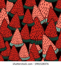 Organic abstract seamless pattern with red bright random watermelon elements. Black background. Graphic design for wrapping paper and fabric textures. Vector Illustration.