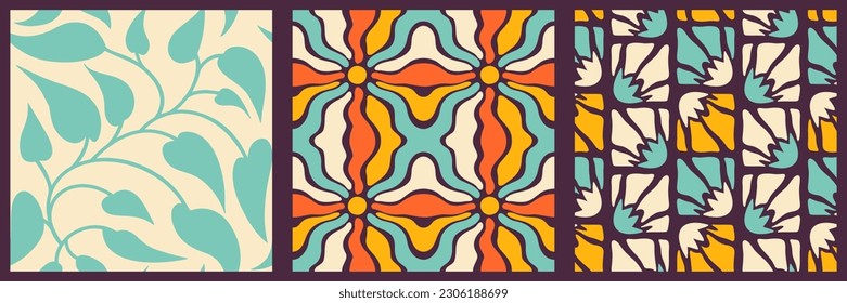 Organic abstract seamless patterns. Aesthetic of mid-century modern art. Tile floral backgrounds. Hand drawn groovy art. Naive organic floral shapes. Retro 60's-70's hippie style graphics.