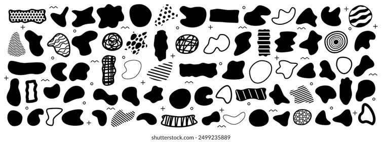 Organic abstract shape blobs and blots silhouettes. Vector isolated set of flat fluid form shapeless spots, outlines and scribbles with texture and wavy lines. Ovals and squares, rectangles