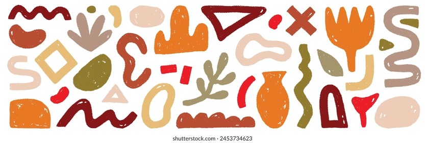 Organischer abstrakter Formfarbensatz. Abstrakte Textur Pinselstrich Kind Elemente. Organischer Blob Grunge-Lacktextur-Hintergrund. Wave, Kreis Blob, Dreieck zeitgenössische Farbe Form. Vektorillustration