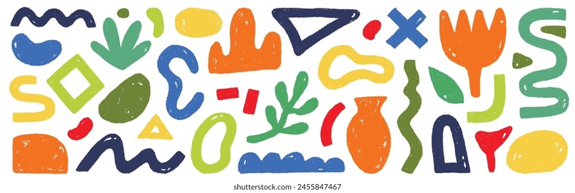 Organic abstract shape color set. Abstract texture brush stroke kid elements. Organic blob grunge paint texture background. Wave, circle blob, triangle contemporary color shape. Vector illustration