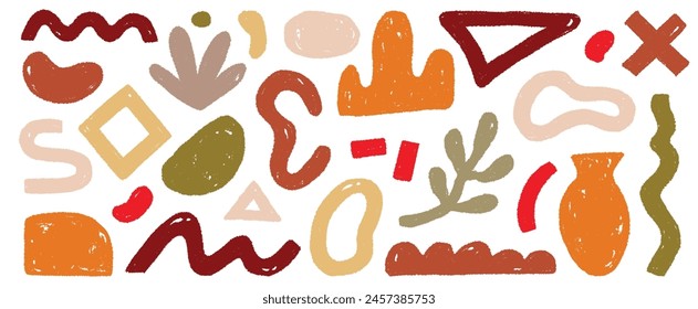 Organic abstract shape color set. Abstract texture brush stroke kid elements. Organic blob grunge paint texture background. Wave, circle blob, triangle contemporary color shape. Vector illustration