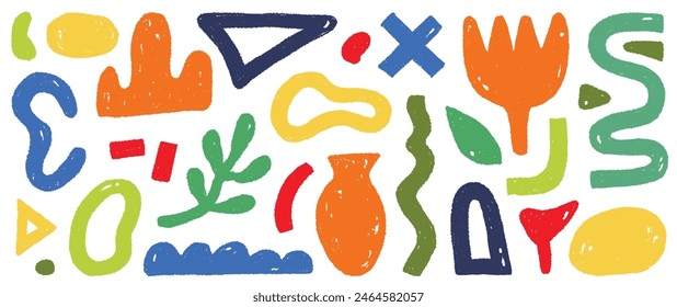 Organic abstract shape color set. Abstract texture brush stroke kid elements. Organic blob grunge paint texture background. Wave, circle blob, triangle contemporary color shape. Vector illustration