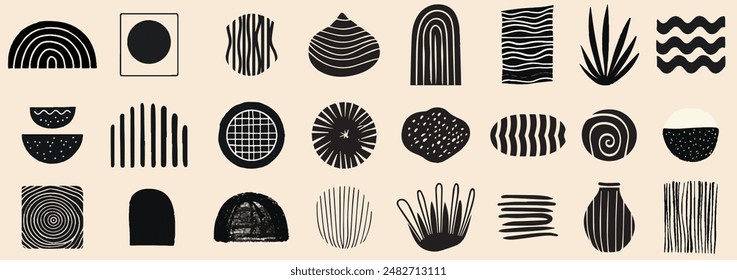 Organic abstract shape vector set. Abstract brush element for logo, background. Organic hand drawn doodle line shape, elegant pastel color label graphic design. Vector illustration.