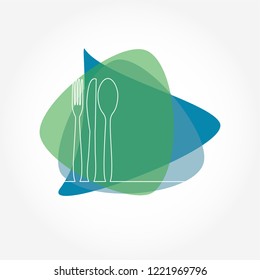 Organic abstract shapes with fork, knife and spoon icon badge vector.