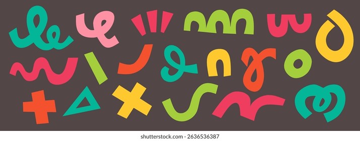 Organic abstract shapes, playful naive doodle style in multi colored. Squiggles, circles, asterisk, infinity sign, dots and wavy bold lines. Vector illustration with colorful geometric elements.