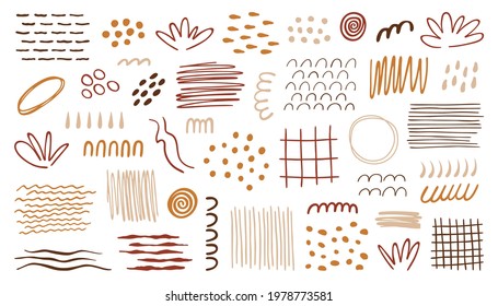 Organic abstract shapes set. Hand drawn textures, forms, lines, dots. Vector illustration in terracotta colors, isolated on white. Elements for design social media posts, stories background, prints.