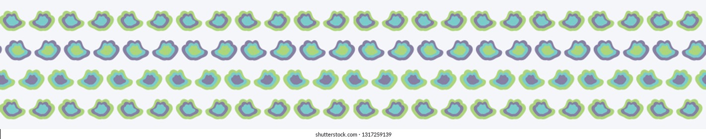 Organic, abstract shapes in spring / summer colors create this dynamic repeat seamless pattern border. Teal, pale blue, green and purple. Vector design, great for fashion, textiles and decor.