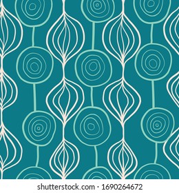 Organic abstract shapes vector pattern. Ornamental vertical floral background teal blue. Contemporary mod art repeating shapes background. Modern Scandinavian style backdrop hand drawn lines. 