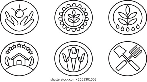 Organic Agriculture And Eco Farming Icons, Hand Planting, No Pesticide, Local Farm, Organic Label, Green Crop Tools, Editable Flat Sustainability Theme