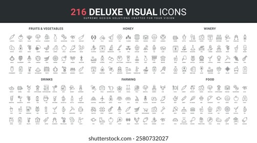 Organic agriculture and farming, fresh vegetables and fruits harvest and selection, winery line icon set. Honey and quality research, food and drink thin black outline symbols vector illustration