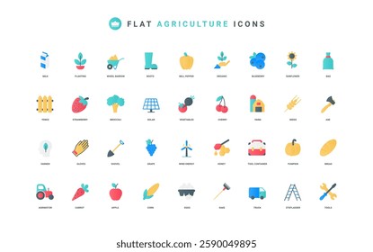 Organic agriculture and farming, local food products and agronomy color icon set. Eco dairy farm and barn, garden harvest of plants and seeds, vegetables and fruits flat elements vector illustration