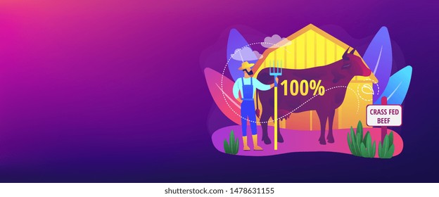Organic agriculture industry. Eco farming, cattle breeding business. Grass fed beef, grass-finished beef, finest nutrient rich meat concept. Header or footer banner template with copy space.