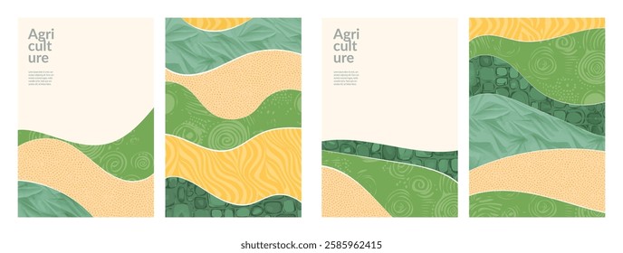 Organic agriculture rice field and farmland green background. Eco-friendly design. Flat graphic pattern of nature. Vintage brochure cover, Japanese abstract illustration. Poster template, agro layout