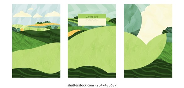 Agricultura orgânica: arroz, chá, soja, trigo, vinha. Ilustração vetorial de textura vintage, design abstrato no papel. Terras agrícolas eco-amigáveis, colinas verdes, céu, paddy, pôster de colagem gráfica mínima