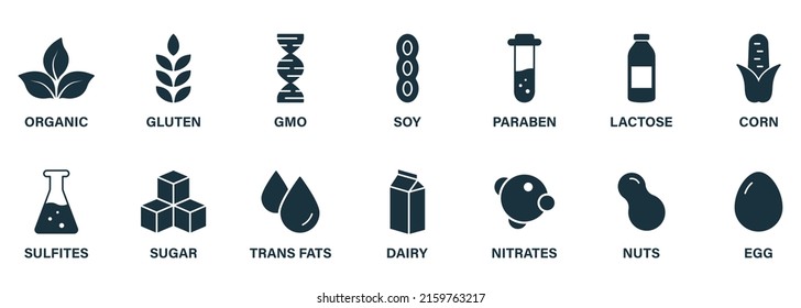 Organic Allergy Ingredient Silhouette Black Set Icon. Sugar and Corn, GMO, Dairy, Nitrates, Trans Fat, Soy, Milk, Egg, Paraben, Gluten and Nuts. Vegan Food Product. Isolated Vector Illustration.