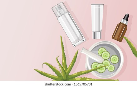 Organic aloe vera treatment vector. Cucumber slices, aloe leaves, plant oil in spray and glass bottle. View from top composition. Natural herbal cosmetic Vector