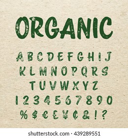 Organic alphabet with imprint effect. Retro grunge marker for organic packaging design. Stamp lettering.