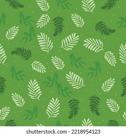 Organic Ambiance: Hand-drawn leaves create a seamless pattern on a green background, forming a beautiful nature-inspired vector. Perfect for infusing your designs with a touch of the outdoors