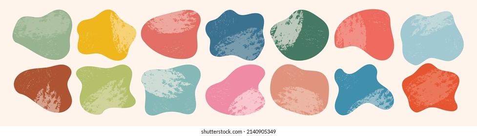 Organic amoeba blob shape abstract colorful vector illustration with grunge texture isolated on white background. Set of irregular round blot form graphic element. Collection of unique pebble stone