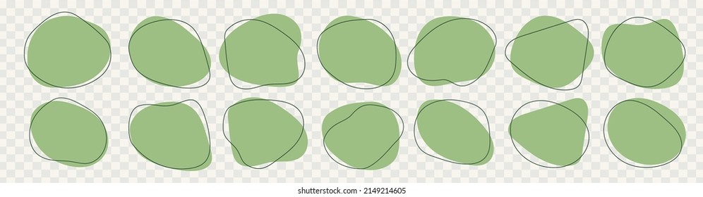 Organic amoeba blob shape abstract green color with line vector illustration isolated on transparent background. Set of irregular round blot form graphic element. Doodle drops with outline circle