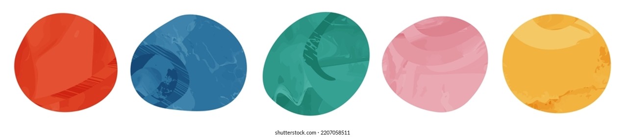 Organic amoeba blob shape abstract colorful vector illustration with grunge texture isolated on white background. Set of irregular round blot form graphic element. Collection of unique pebble stone
