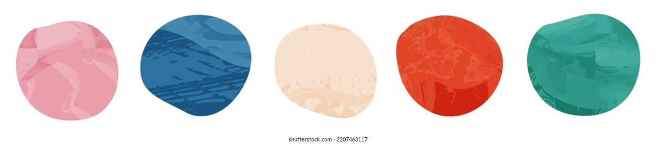 Organic amoeba blob shape abstract colorful vector illustration with grunge texture isolated on white background. Set of irregular round blot form graphic element. Collection of unique pebble stone