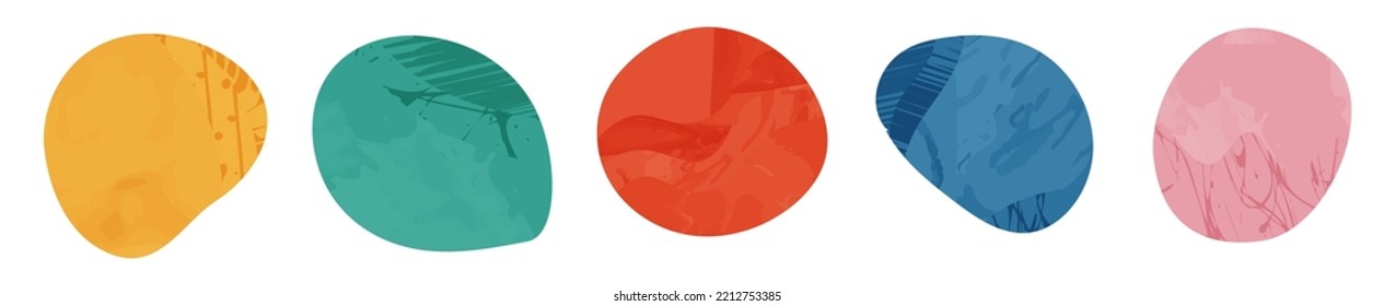 Organic amoeba blob shape abstract colorful vector illustration with grunge texture isolated on white background. Set of irregular round blot form graphic element. Collection of unique pebble stone