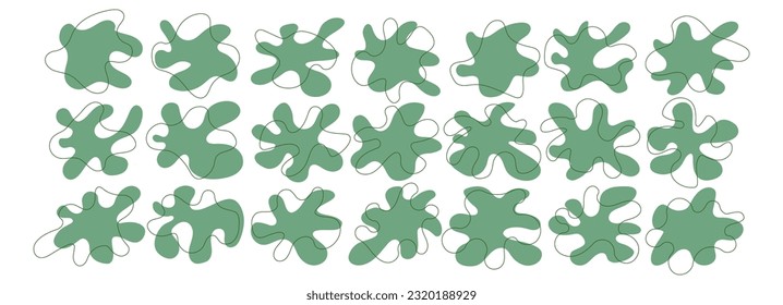 Color verde abstracto de la forma del blob de ameba orgánica con ilustración del vector de línea aislada en fondo transparente. Conjunto de elementos gráficos de forma de manchas redondas irregulares. Gotas de doodle en círculo de contorno