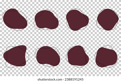 Organic amoeba blob shape abstract wine color with line vector illustration isolated on transparent background. Set of irregular round blot form graphic element. Doodle drops with outline circle