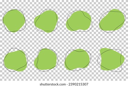 Color verde abstracto de la forma del blob de ameba orgánica con ilustración del vector de línea aislada en fondo transparente. Conjunto de elementos gráficos de forma de manchas redondas irregulares. Gotas de doodle en círculo de contorno