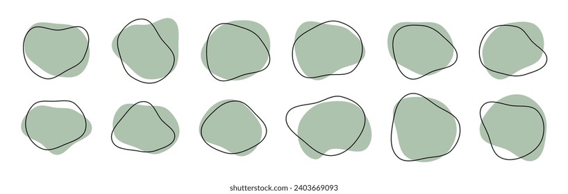 Organic amoeba blob shape abstract green color with line vector illustration isolated on transparent background. Set of irregular round blot form graphic element. Doodle drops with outline circle