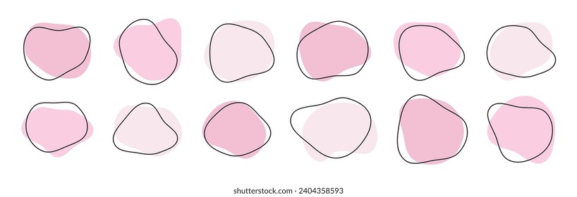 Organic amoeba blob shape abstract pink color with line vector illustration isolated on transparent background. Set of irregular round blot form graphic element. Doodle drops with outline circle