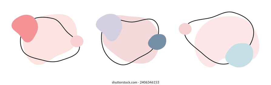 Organic amoeba blob shape abstract pink blue color with line vector illustration isolated on transparent background. Set of irregular round blot form graphic element. Doodle drops with outline circle