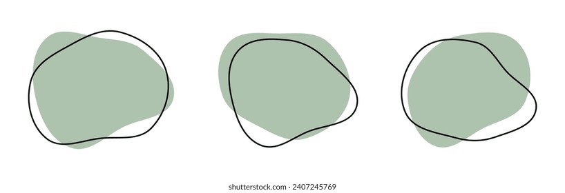 Organic amoeba blob shape abstract green color with line vector illustration isolated on transparent background. Set of irregular round blot form graphic element. Doodle drops with outline circle